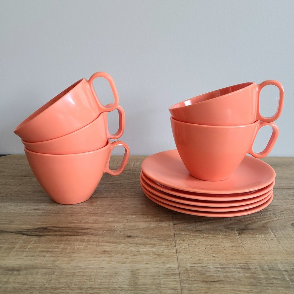 Set of 5 melamine dinnerware coral red cups and saucers.